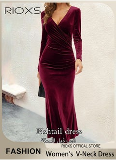 RIOXS Women's Dresses, V-neck Wrap Hip Skirt Long Sleeves Bodycon Dresses, Elegant Fishtail Dress, Evening Dress, Party Wedding Maxi Dress For Party Club Night, Dresses For Ladies Mom Wife  - Image 2