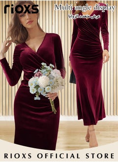 RIOXS Women's Dresses, V-neck Wrap Hip Skirt Long Sleeves Bodycon Dresses, Elegant Fishtail Dress, Evening Dress, Party Wedding Maxi Dress For Party Club Night, Dresses For Ladies Mom Wife  - Image 4