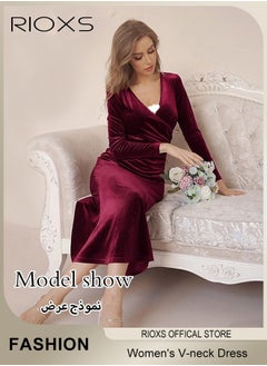 RIOXS Women's Dresses, V-neck Wrap Hip Skirt Long Sleeves Bodycon Dresses, Elegant Fishtail Dress, Evening Dress, Party Wedding Maxi Dress For Party Club Night, Dresses For Ladies Mom Wife  - Image 3