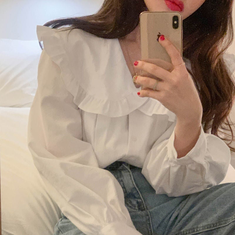 Women's Peter Pan Collar Blouse with Ruffle, Loose Fit - Image 2