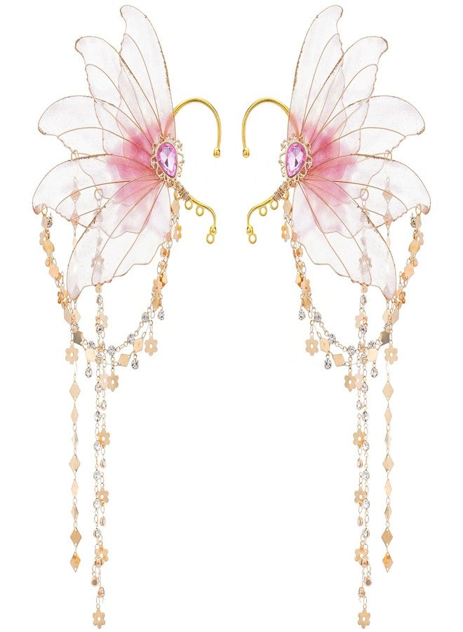 FRESHME Fairy Elf Ear Cuffs - Pink Butterfly Wings Elven Ear Cuffs with Tassel Ear Wrap Non Piercing Earrings for Women Renaissance Halloween Christmas Dress Up Cosplay Accessories - Image 1