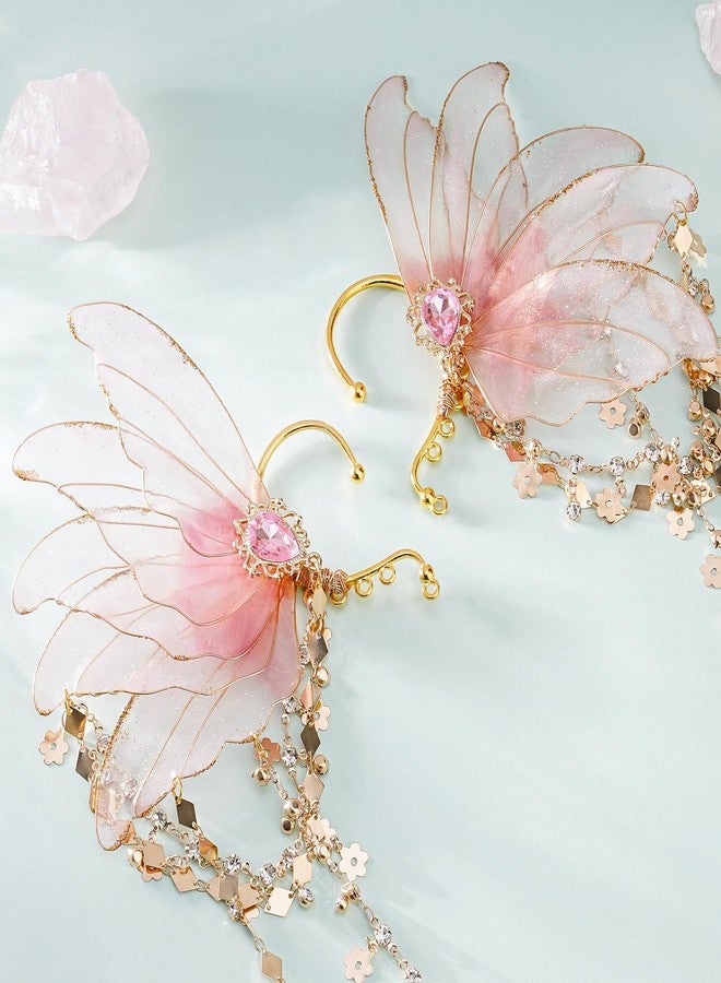 FRESHME Fairy Elf Ear Cuffs - Pink Butterfly Wings Elven Ear Cuffs with Tassel Ear Wrap Non Piercing Earrings for Women Renaissance Halloween Christmas Dress Up Cosplay Accessories - Image 4