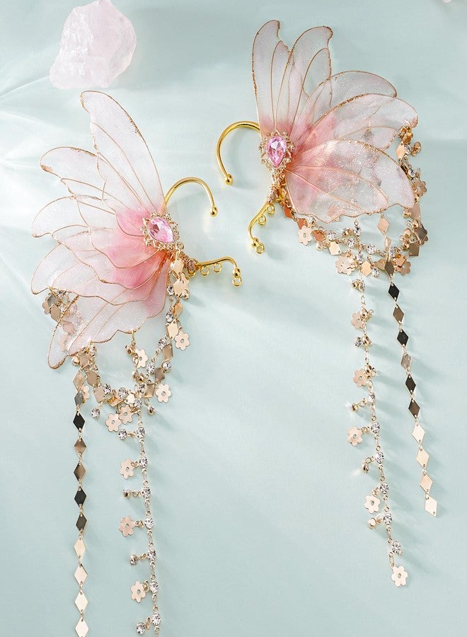 FRESHME Fairy Elf Ear Cuffs - Pink Butterfly Wings Elven Ear Cuffs with Tassel Ear Wrap Non Piercing Earrings for Women Renaissance Halloween Christmas Dress Up Cosplay Accessories - Image 3