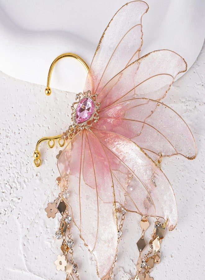 FRESHME Fairy Elf Ear Cuffs - Pink Butterfly Wings Elven Ear Cuffs with Tassel Ear Wrap Non Piercing Earrings for Women Renaissance Halloween Christmas Dress Up Cosplay Accessories - Image 5