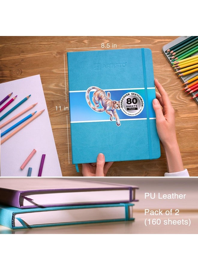 Artisto 8.5X11" Premium Hardcover Sketchbook Pack Of 2 (160 Sheets) 125 Gsm Acid Free Drawing Paper Hardbound Sketch Pad With Inner Pocket Elastic Closure And Bookmark Ribbon  - Image 2