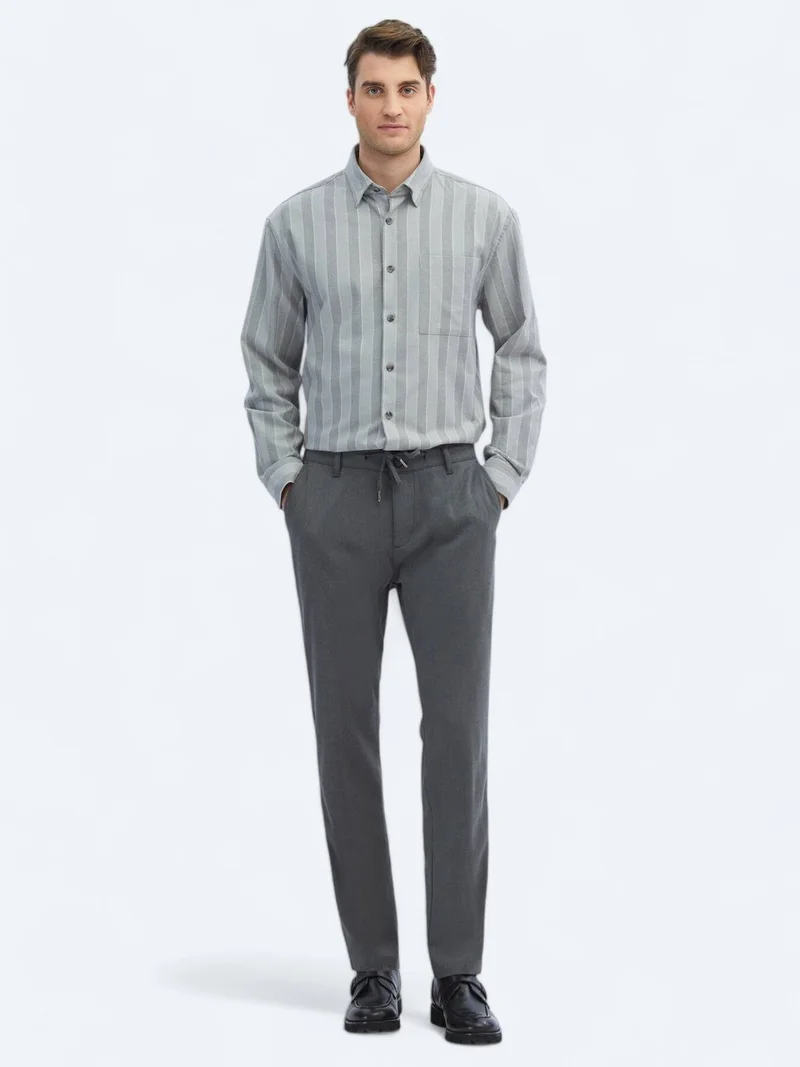 Kip Grey Striped Oversize Fit Long Weaving Casual Cotton Blended Shirt