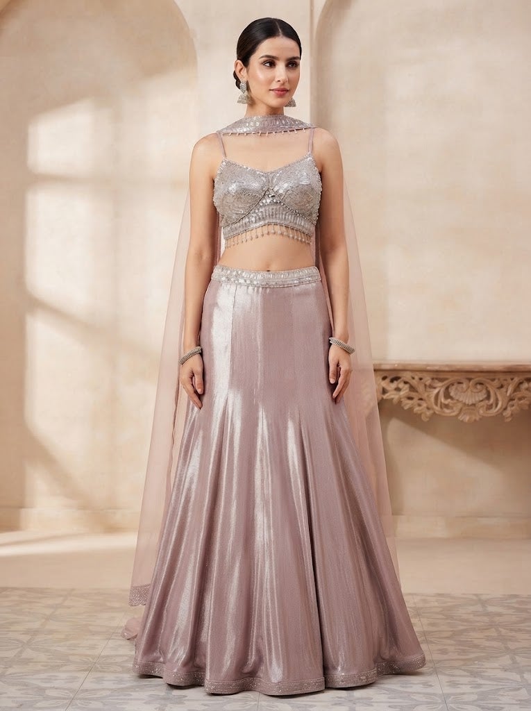VINY Mauve 3-Piece Embellished Crop Top Lehenga Set – Women's Indian Ethnic Wear - Image 1
