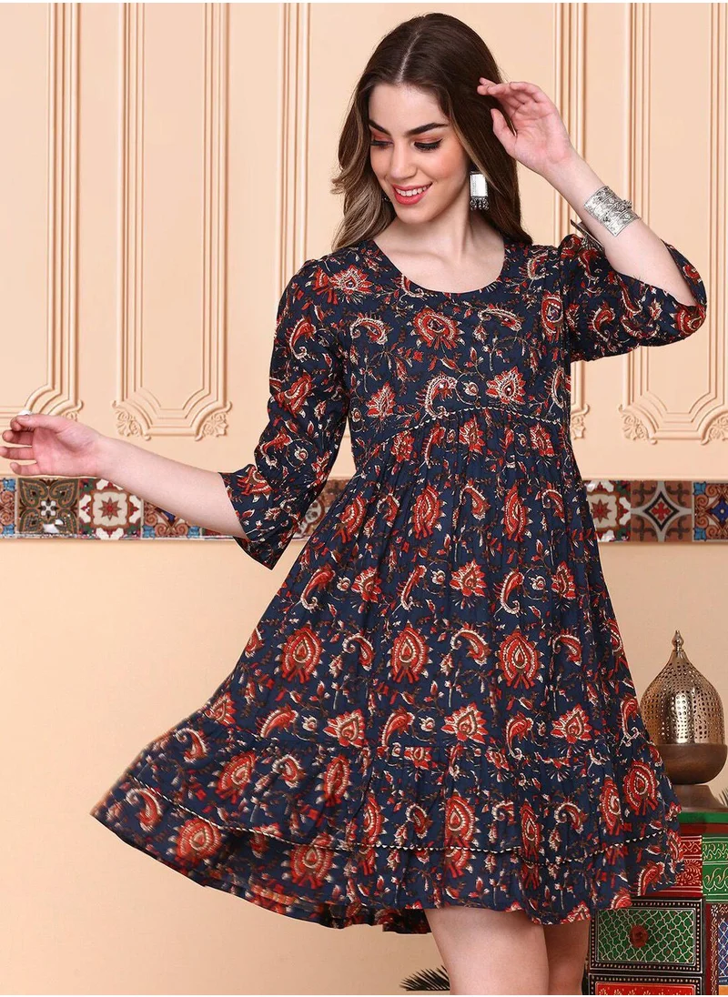 آي شين Women's Multicoloured 100% Cotton Embellished Midi Smock Straight Fit Dress