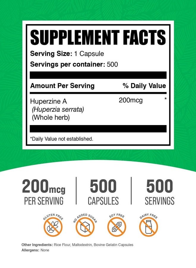 بالك سابلمنتس كبسولات هوبيرزين أ 200 ميكروغرام من BulkSupplements.com - منشط للدماغ، مكمل هوبيرزين أ - خالٍ من الغلوتين، كبسولة واحدة لكل جرعة، 500 كبسولة (عبوة واحدة) - Image 2