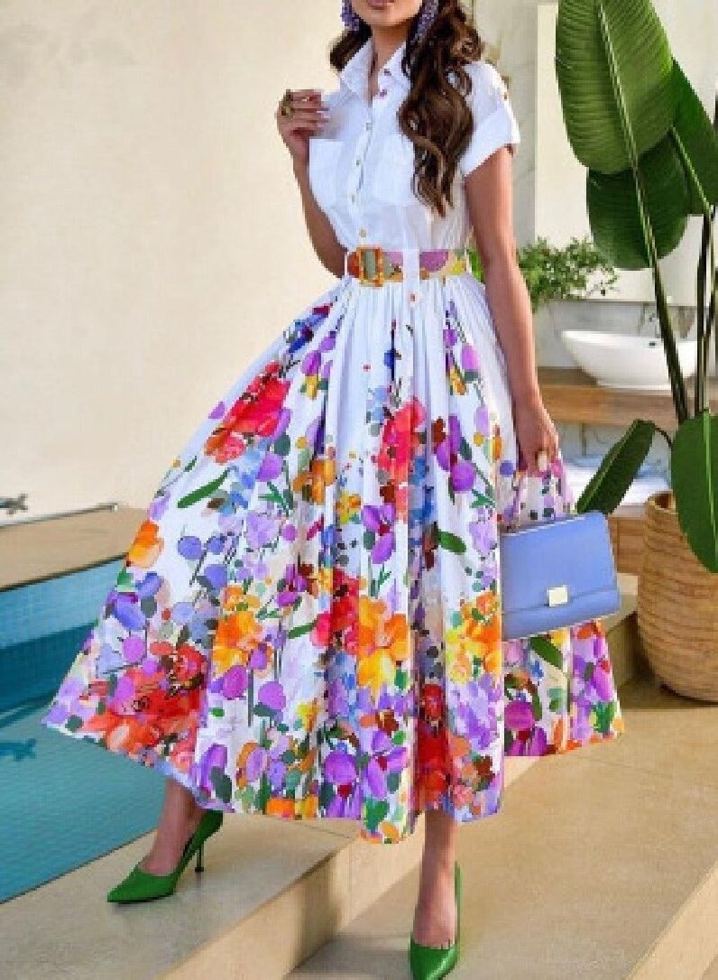 Shougu Shirt Collar Short Sleeved Button Up Dress - Image 1