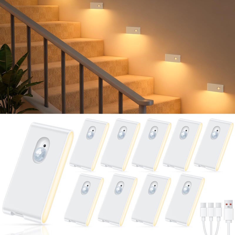 WILLED Rechargeable Night Light, Warm White Stair Lights Indoor, Wireless Motion Sensor Night Light, Stick On Lights for Stairs, Hallway, Stairway, Bathroom, Bedroom, Kitchen, 10 Pack - Image 1