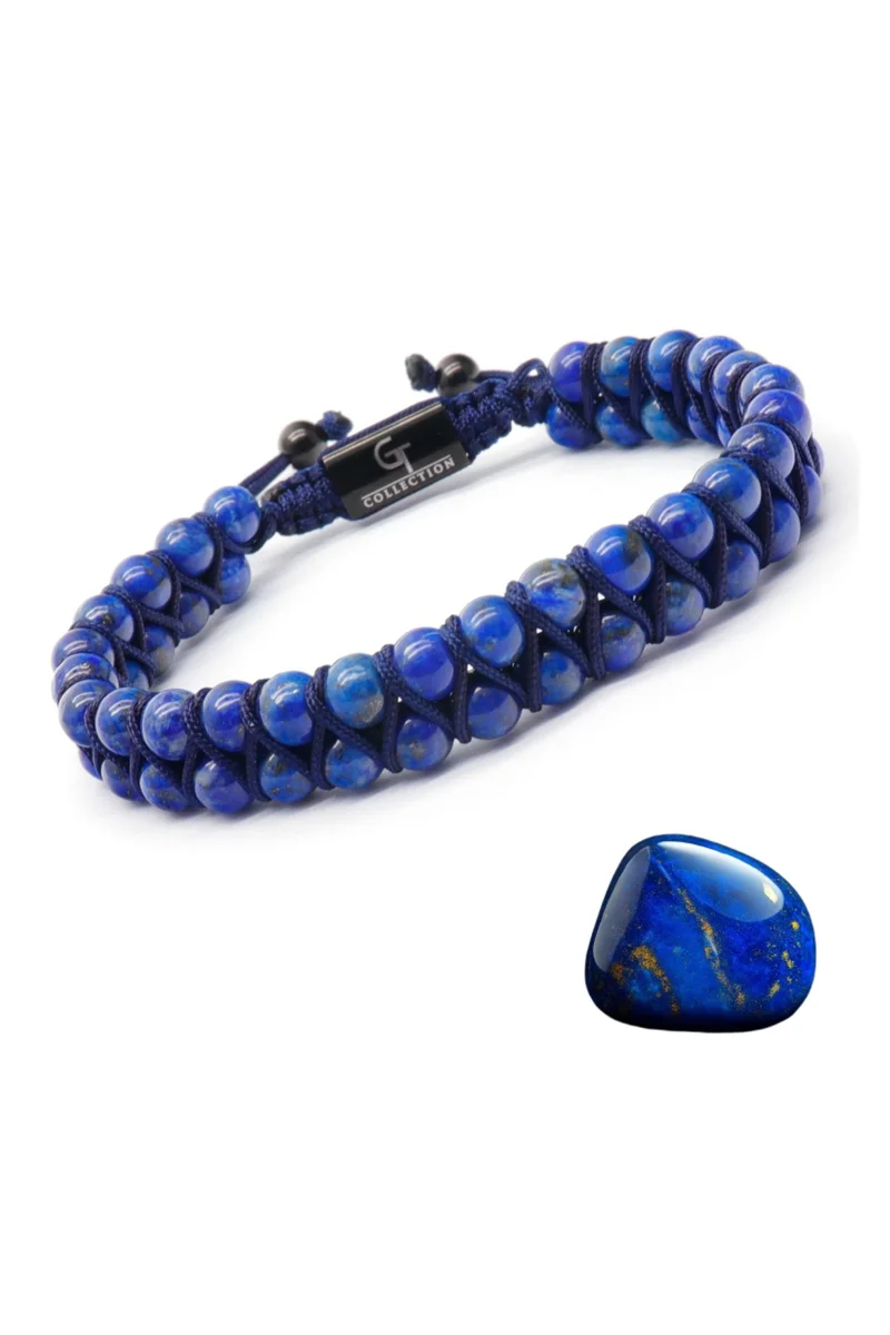Lunnora Men’s Lapis Lazuli Double Bead Bracelet – Gift for Men – 100% Natural Gemstone, Adjustable, One Size Fits All – Grounding Effect Bracelet