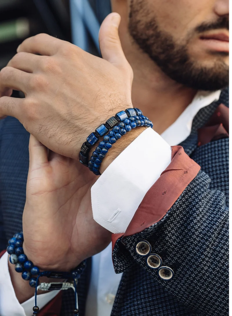 Lunnora Men’s Lapis Lazuli Double Bead Bracelet – Gift for Men – 100% Natural Gemstone, Adjustable, One Size Fits All – Grounding Effect Bracelet