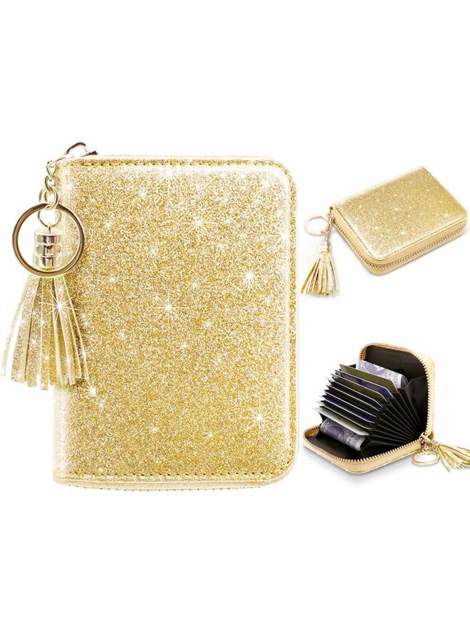 Coco Rossi Women's Small Credit Card Wallet RFID Glitter Cute Credit Card Holder Wallets for Women, A Glitter Gold, Small, Id Card Wallet - Image 2
