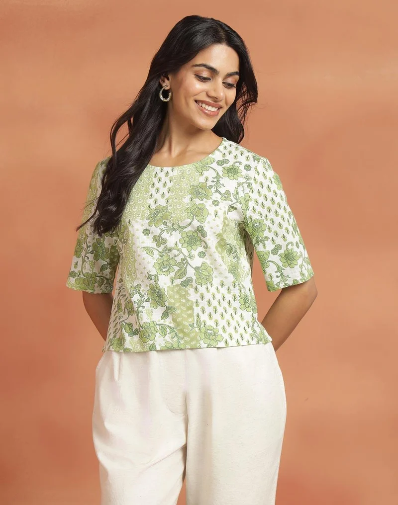 فاب انديا Green Cotton Short Top