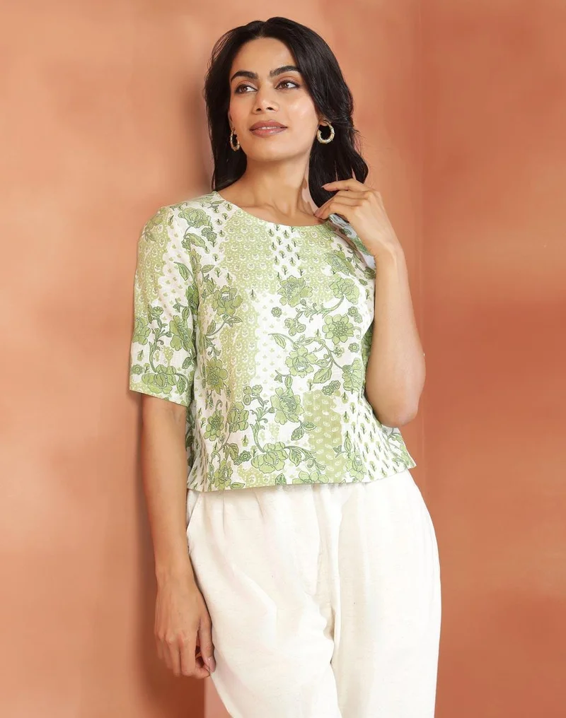 فاب انديا Green Cotton Short Top