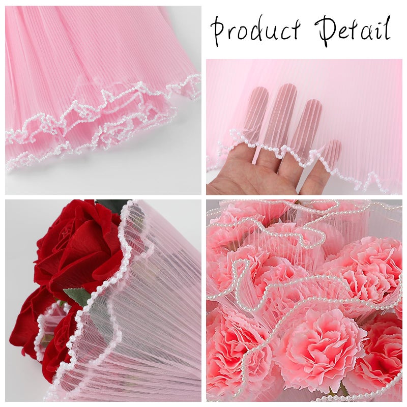 CCINEE 4.37 Yards Flower Wrapping Mesh Paperï¼ŒPearl Wrinkled Wavy Net Yarn Flower Wrapping Mesh Paper for DIY Crafts Valentine's Day Wedding Florist Supplies (Pink) - Image 3