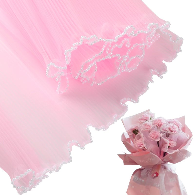 CCINEE 4.37 Yards Flower Wrapping Mesh Paperï¼ŒPearl Wrinkled Wavy Net Yarn Flower Wrapping Mesh Paper for DIY Crafts Valentine's Day Wedding Florist Supplies (Pink) - Image 1