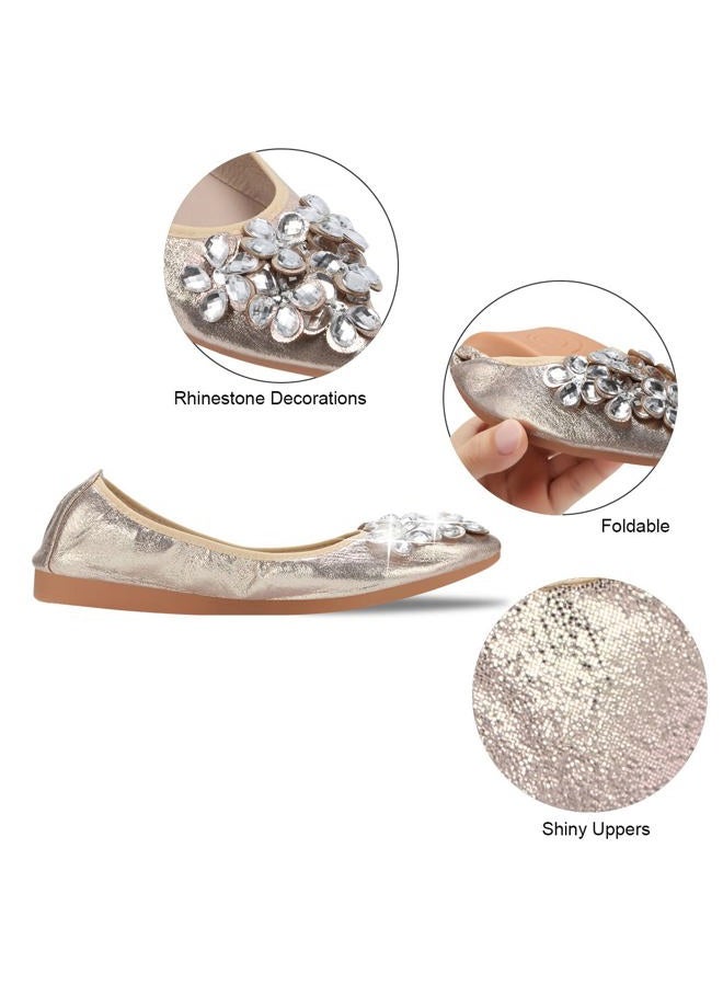 KUNWFNIX Women Ballet Flats Rhinestone Wedding Ballerina Shoes Foldable Sparkly Comfort Slip on Flat Shoes, #01_gold, 7 - Image 4