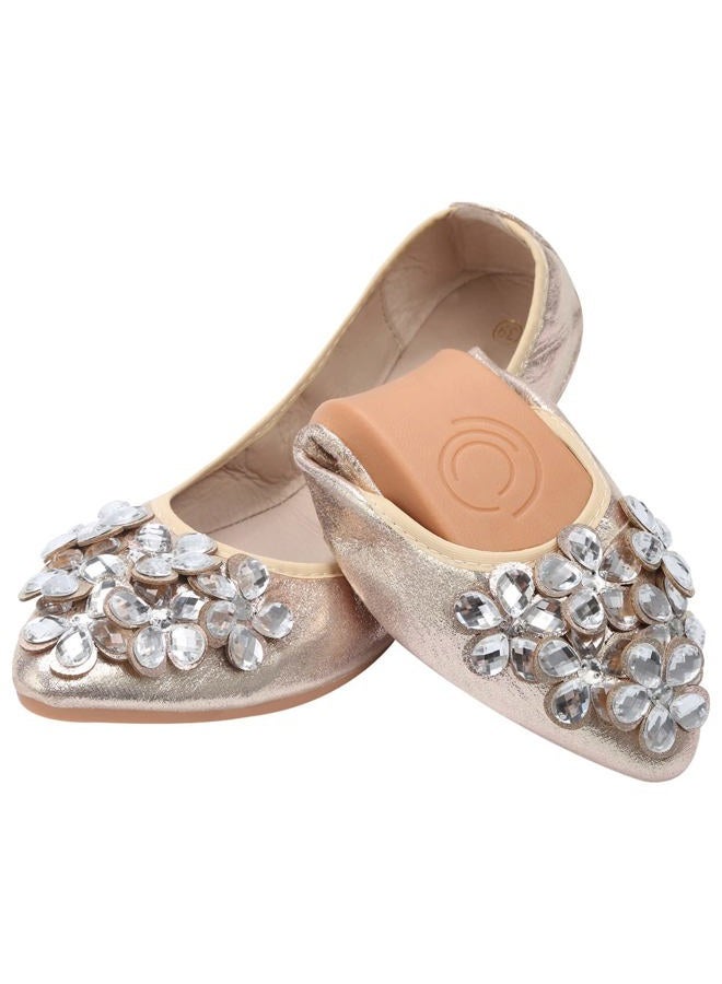 KUNWFNIX Women Ballet Flats Rhinestone Wedding Ballerina Shoes Foldable Sparkly Comfort Slip on Flat Shoes, #01_gold, 7 - Image 1