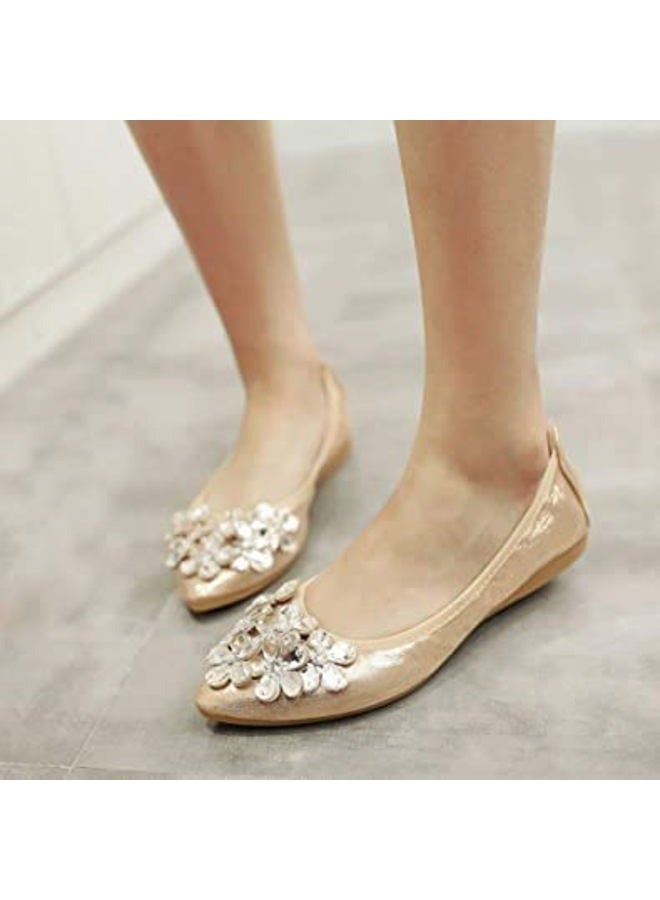 KUNWFNIX Women Ballet Flats Rhinestone Wedding Ballerina Shoes Foldable Sparkly Comfort Slip on Flat Shoes, #01_gold, 7 - Image 2
