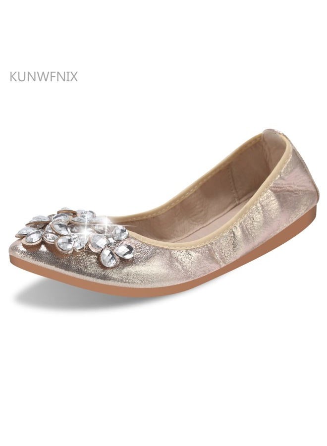 KUNWFNIX Women Ballet Flats Rhinestone Wedding Ballerina Shoes Foldable Sparkly Comfort Slip on Flat Shoes, #01_gold, 7 - Image 3