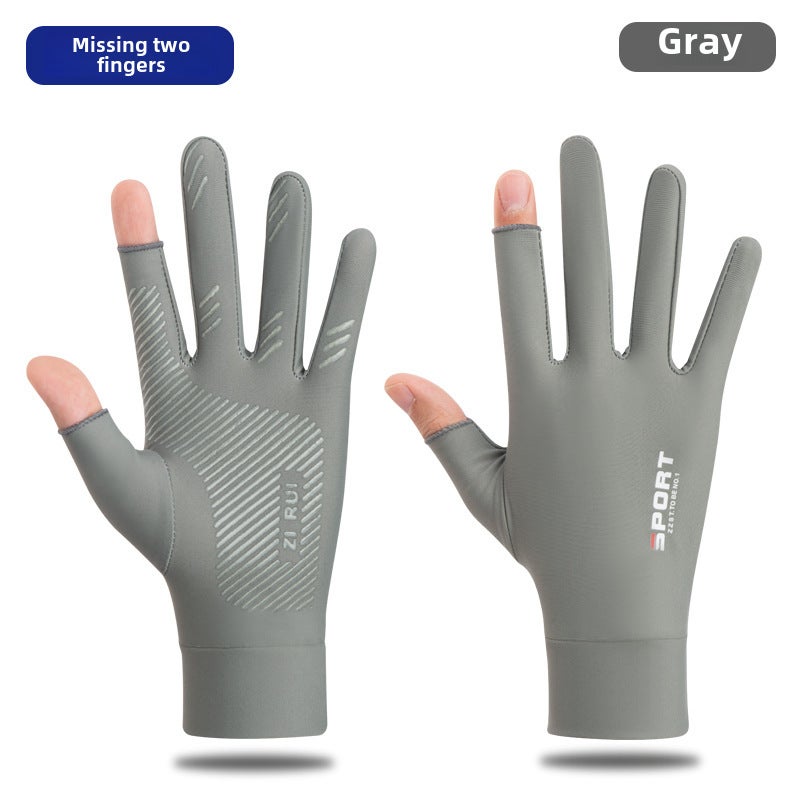 Summer Ice Silk Sunproof Gloves with Anti-Slip Outdoor Fishing Cycling Unisex Gray Dew two fingers 