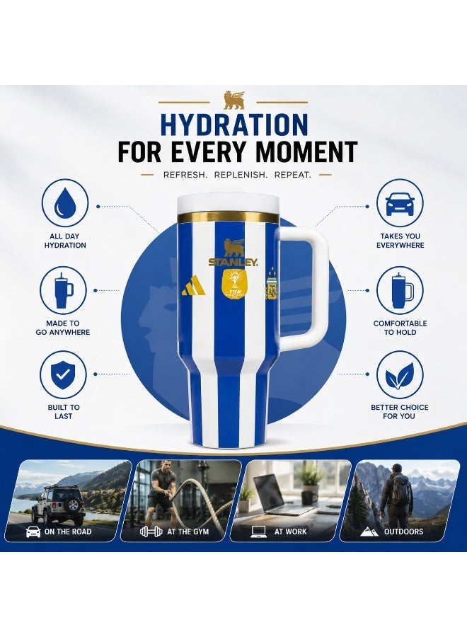 كوب Stanley Quencher H2.0 بتصميم ليونيل ميسي ومنتخب الأرجنتين - كوب سفر معزول من الفولاذ المقاوم للصدأ مزود بمقبض وماصة للمشروبات الساخنة والباردة. - Image 2