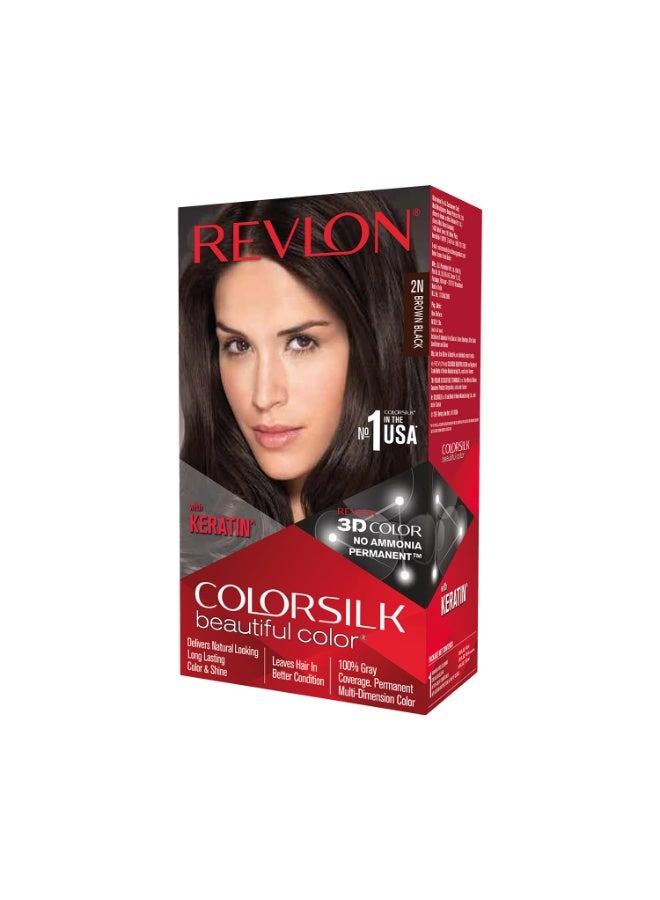 Revlon ColorSilk Beautiful Permanent Hair Color For Women, Salon Perfect Hair Colour at Home with 100% Grey Coverage | Pro-Keratin & No Ammonia | Up to 8 Weeks of Colour | Shade - Brown Black 2N (Pack of 1) - Image 1