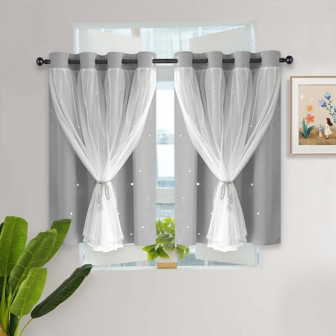 KIDS BLACKOUT CURTAINS FOR BEDROOMLIVING ROOMCLASSROOM SHEER OVERLAY SMALL 2 PANEL SET DOUBLE LAYER CURTAINS WITH STAR CUTOUT FOR KIDS ROOMW 52 X L 36 INCHESSILVER GREY 2 PCS