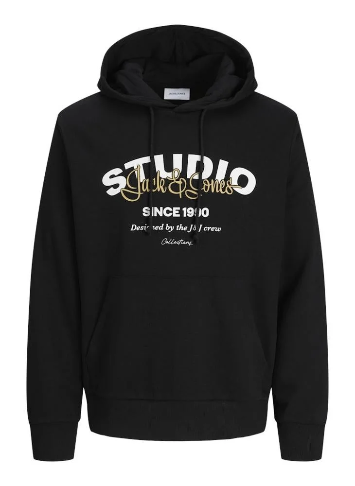 JACK & JONES Black Text Print Pullover Hoodie for Men | Best Price UAE