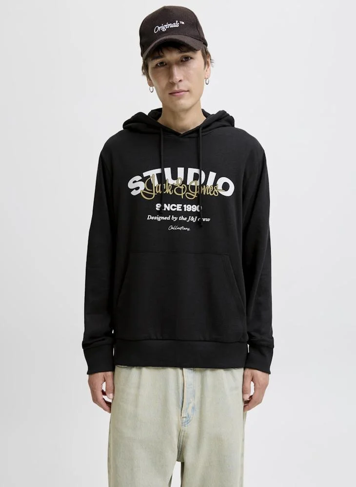 JACK & JONES Black Text Print Pullover Hoodie for Men | Best Price UAE