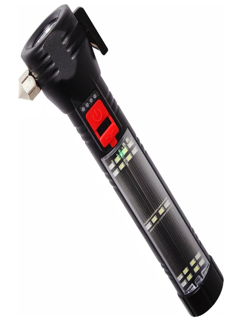 Maksone All-in-1 Car Safety Hammer Flashlight, Emergency Escape Tool with Seat Belt Cutter, Window Breaker, USB Charging, Magnet, Compass, Solar Powered, Strobe SOS, Multi-Function LED Work Light - Image 1