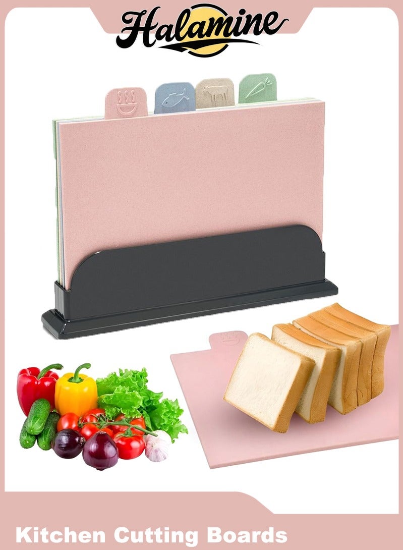 هالامين 4 قطع من ألواح تقطيع المطبخ، لوح تقطيع بلاستيكي مع رف تخزين، لوح تقطيع لأنواع الأطعمة المختلفة للمطبخ - Image 1