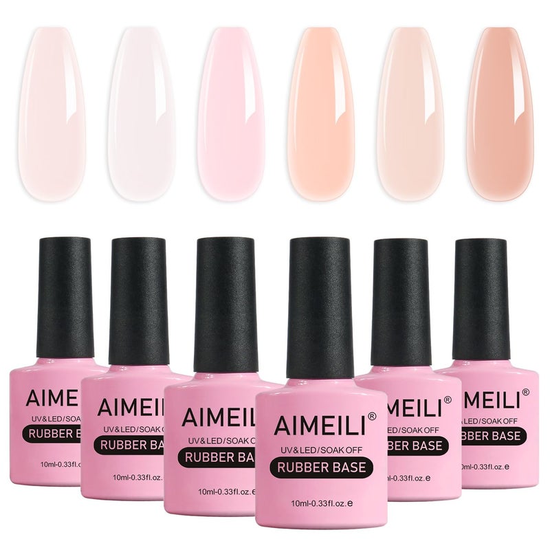 AIMEILI Hema Free Rubber Base Gel For Nails, Soak Off U V LED Clear Sheer Gel Nail Polish, 4 in 1 Nail Strengthen/Enhance/Base Coat/Color Set Of 6pcs X 10ml - Kit 46 - Image 1