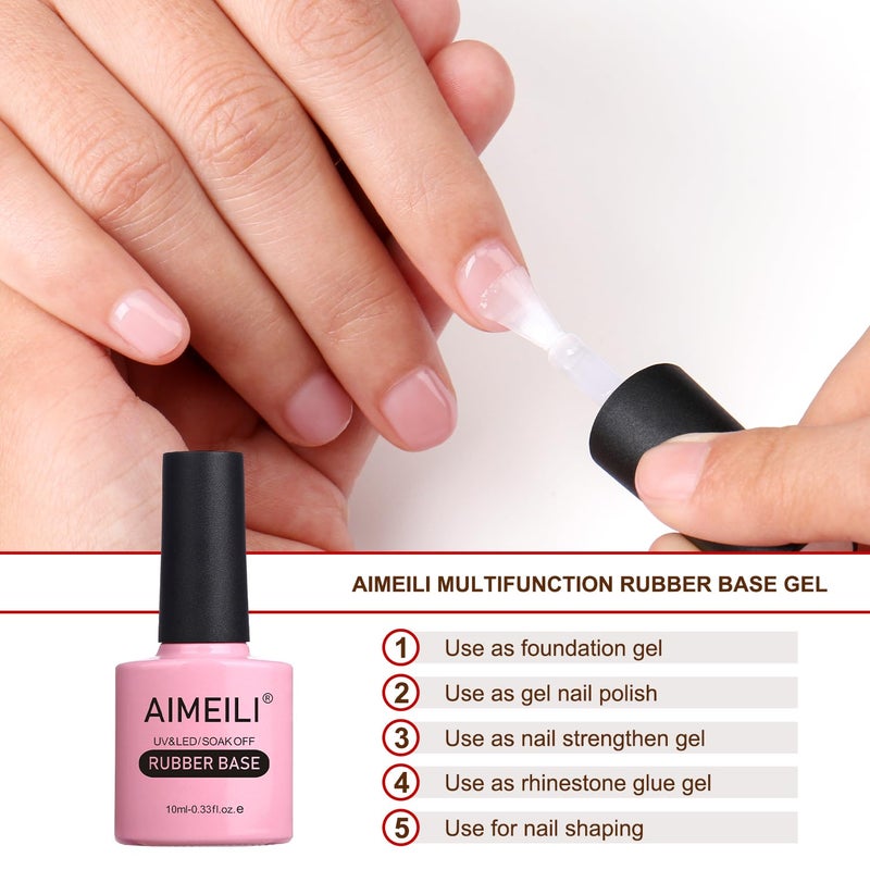 AIMEILI Hema Free Rubber Base Gel For Nails, Soak Off U V LED Clear Sheer Gel Nail Polish, 4 in 1 Nail Strengthen/Enhance/Base Coat/Color Set Of 6pcs X 10ml - Kit 46 - Image 3