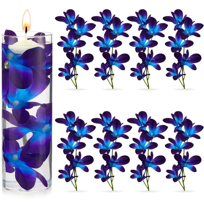 32 PIECES BLUE PURPLE FAUX FLOWERS BLUE ORCHID FLOWER VASE FILLERS FAUX PURPLE ORCHID WEDDING TABLE CENTERPIECES FILLING FOR FLOATING CANDLES WEDDING BIRTHDAY PARTY TABLE DECORATIONS