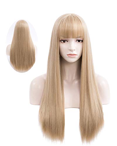 Netgo Pink Wigs, Long Straight Wig with Bangs for Women, 27 inch Heat Resistant Synthetic Cosplay Party Wigs With Bangs for Girls - Image 1