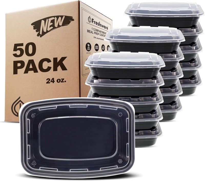 Freshware Meal Prep Containers 50 Pack 1 Compartment with Lids Food Storage Containers Bento Box BPA Free Stackable MicrowaveDishwasherFreezer Safe 24 oz - Image 1