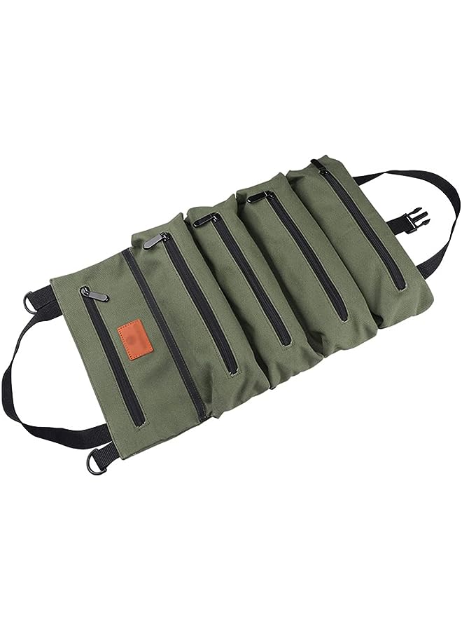 PROMASS Tool Roll Up Bag,Portable Canvas Bag,Multi-Purpose Back Seat Organizer and Hanging Tool Carrier Tote with 5 Zipper Pockets,UH05 Green  - Image 1