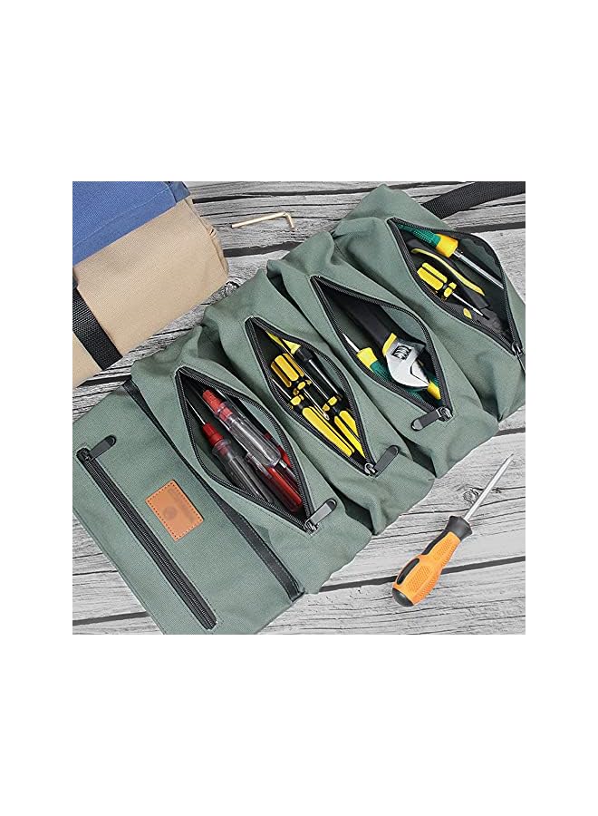 PROMASS Tool Roll Up Bag,Portable Canvas Bag,Multi-Purpose Back Seat Organizer and Hanging Tool Carrier Tote with 5 Zipper Pockets,UH05 Green  - Image 2