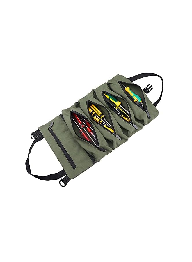 PROMASS Tool Roll Up Bag,Portable Canvas Bag,Multi-Purpose Back Seat Organizer and Hanging Tool Carrier Tote with 5 Zipper Pockets,UH05 Green  - Image 3