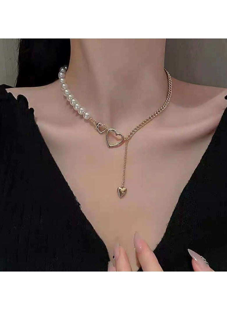 Goolsky قلادة سلسلة القلب واللؤلؤ العصرية – قلادة طبقات عصرية على عظمة الترقوة، مجوهرات بأسلوب المؤثرين - Image 1