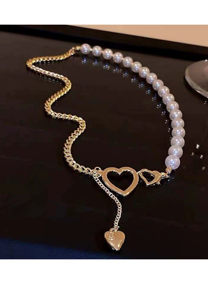 Goolsky قلادة سلسلة القلب واللؤلؤ العصرية – قلادة طبقات عصرية على عظمة الترقوة، مجوهرات بأسلوب المؤثرين - Image 3