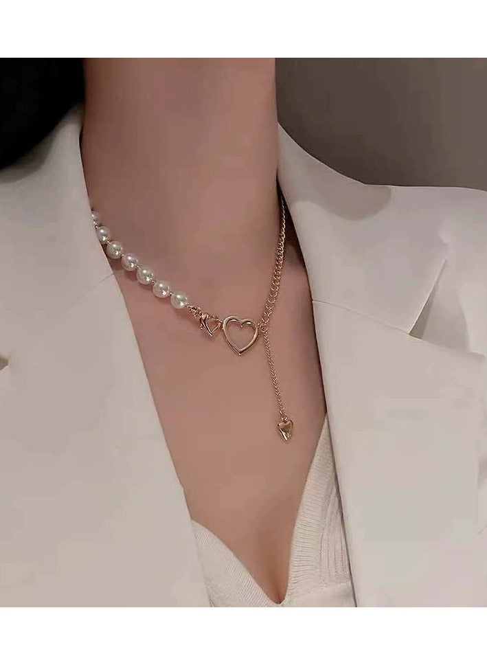 Goolsky قلادة سلسلة القلب واللؤلؤ العصرية – قلادة طبقات عصرية على عظمة الترقوة، مجوهرات بأسلوب المؤثرين - Image 2
