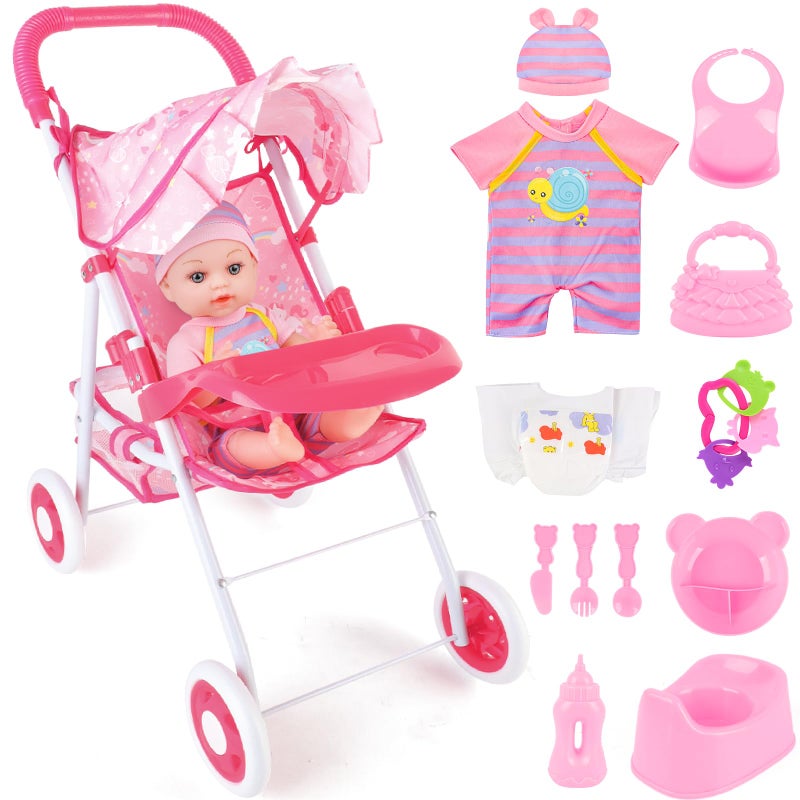 deAO Baby Doll Stroller 12 Baby Doll Set with Foldable Doll Stroller 15 PCS Baby Doll Accessories for Toddlers 35 Christmas Birthday Gifts - Image 3