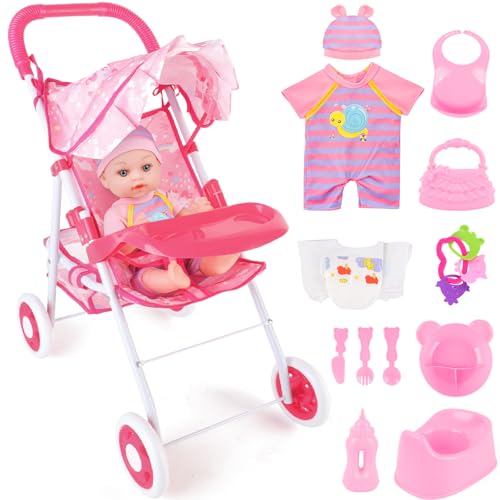 deAO Baby Doll Stroller 12 Baby Doll Set with Foldable Doll Stroller 15 PCS Baby Doll Accessories for Toddlers 35 Christmas Birthday Gifts - Image 1