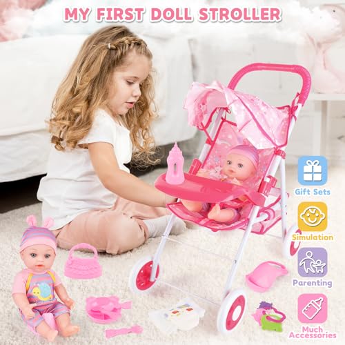 deAO Baby Doll Stroller 12 Baby Doll Set with Foldable Doll Stroller 15 PCS Baby Doll Accessories for Toddlers 35 Christmas Birthday Gifts - Image 5