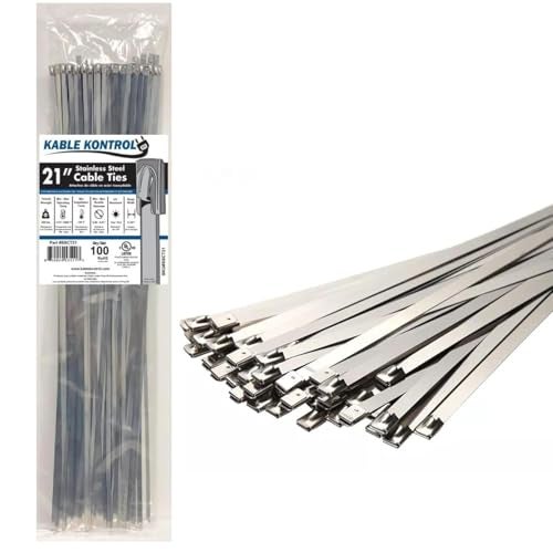 Kable Kontrol Metal Zip Ties 21 Inch 100 Pcs, 200 Lbs Tensile Strength, Self-locking Multi-Purpose 304 Stainless Steel Heavy Duty Cable Ties Ideal for Exhaust Wrap, Outdoor and Indoor Use - Image 1