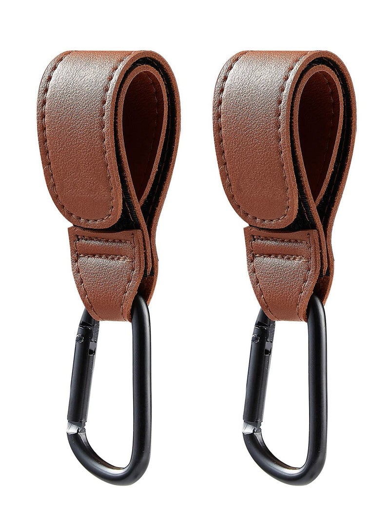 SYOSI Baby Stroller Hooks Bag Hooks for Hanging Diaper Bags Multipurpose Velcro Hooks for Grocery Shopping Bags Premium Vegan Leather Pram Straps 2 Pcs, Brown - Image 1